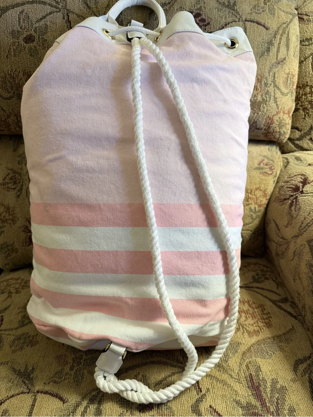Victoria’s Secret Pink and White Striped Canvas Drawstring Backpack